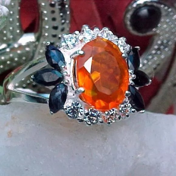 NATURAL MEXICAN FIRE OPAL RING AAA++ 9x7mm FACETED & BLUE SAPPHIRE 925 SS - Picture 5 of 11
